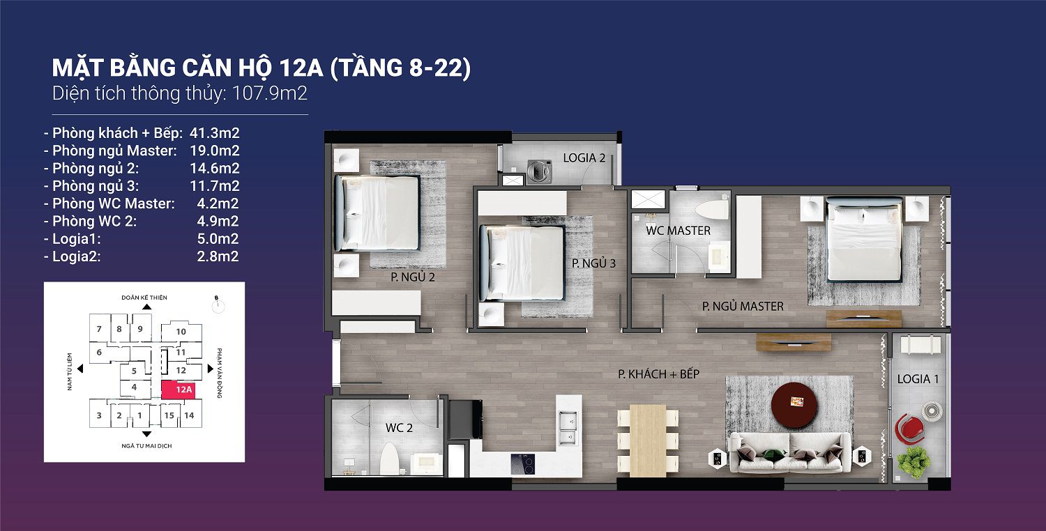 Mặt bằng căn hộ 12A tầng 8-12