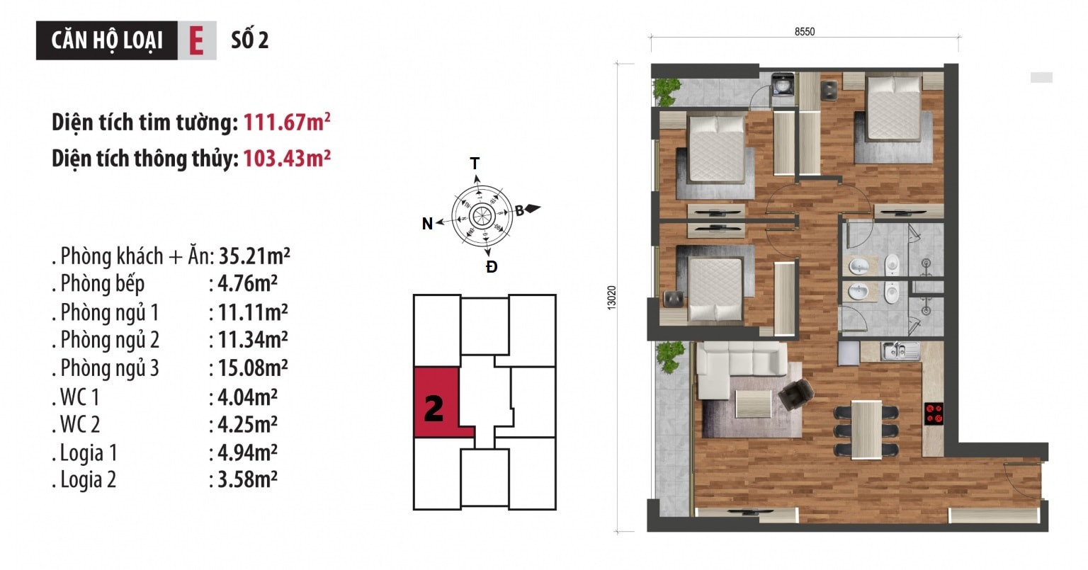Mặt bằng căn hộ loại E tòa C