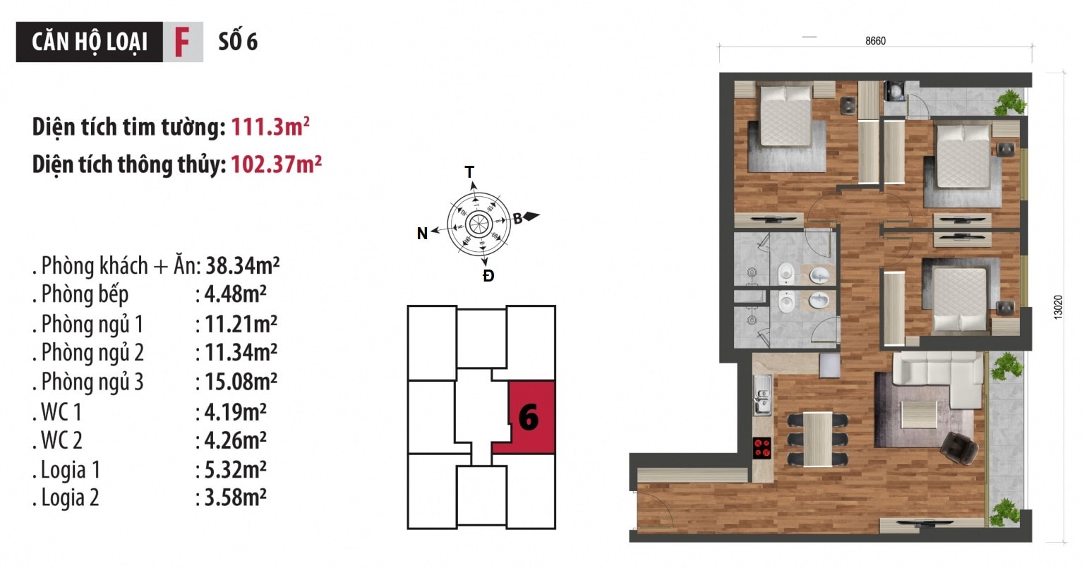 Mặt bằng căn hộ loại F tòa C