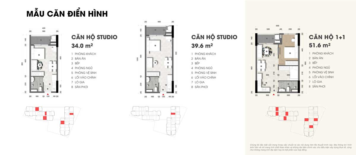 Mặt bằng thiết kế căn Studio và căn hộ 1PN Moonlight Avenue