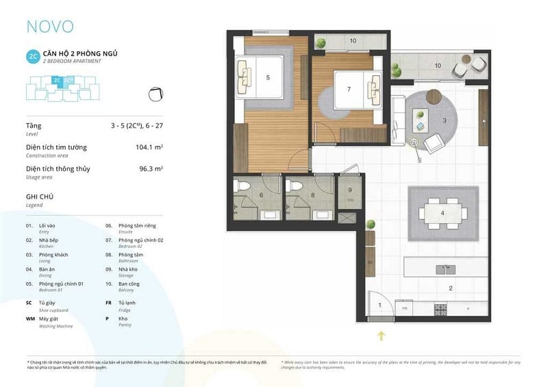 Mặt bằng căn hộ 2 phòng ngủ loại 2C tòa NOVO tại Kosmo Tây Hồ