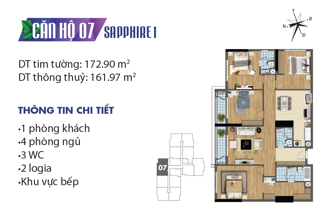 Mặt bằng căn hộ 07 tại tòa Sapphire 1