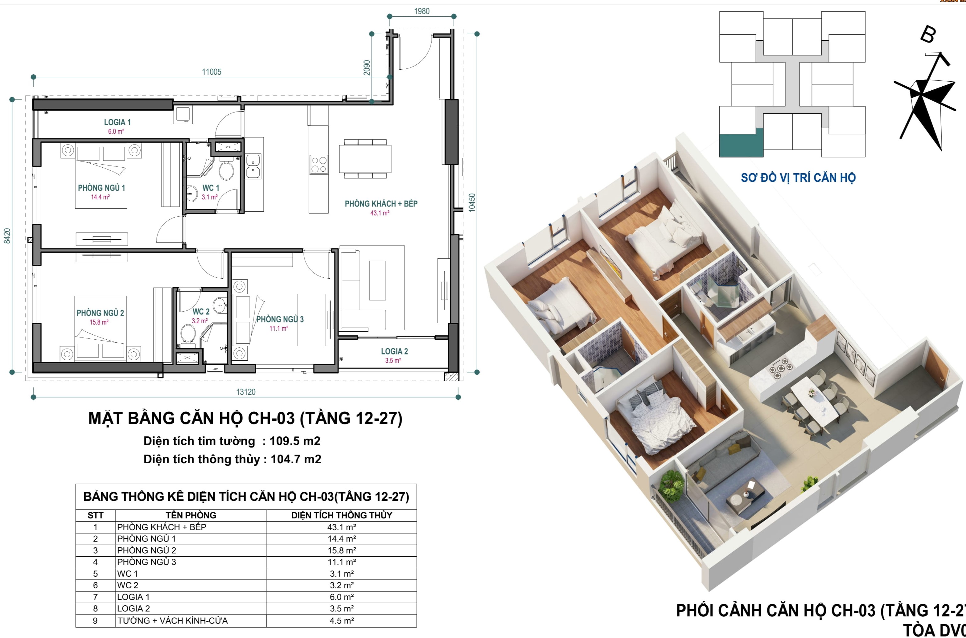 Mẫu thiết kế căn hộ 3PN - 2WC.