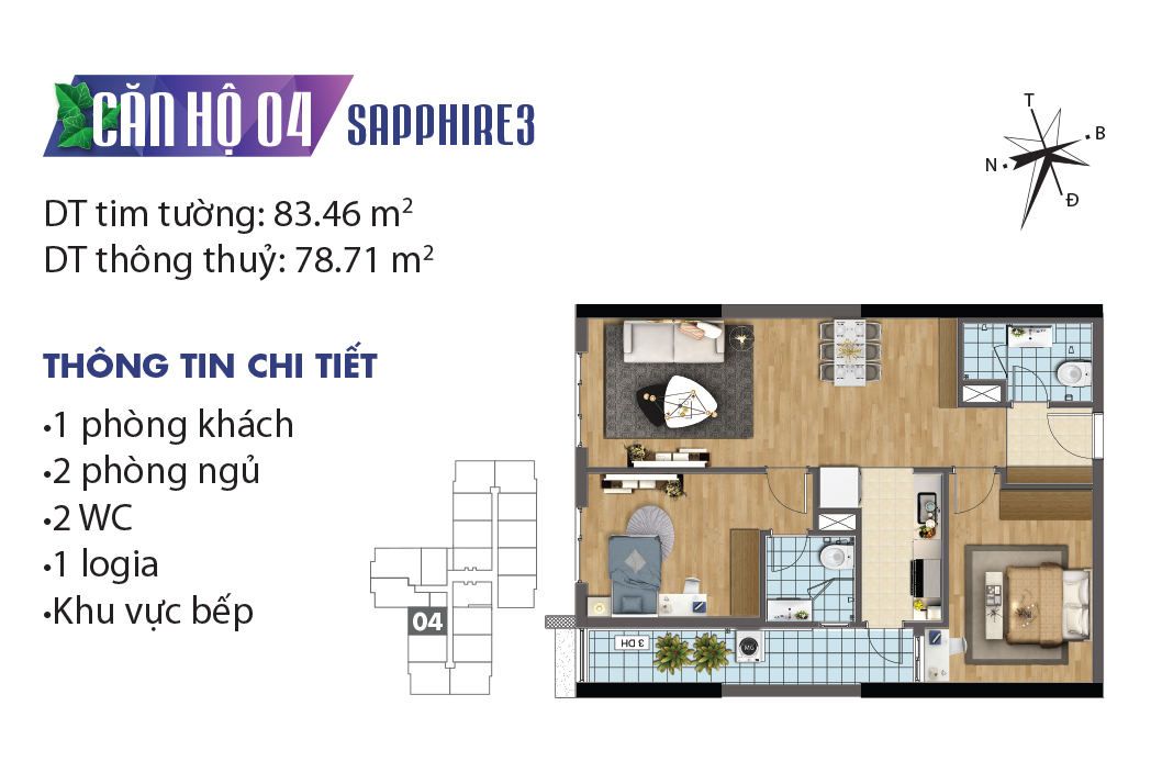 Mặt bằng căn hộ 04 tại tòa Sapphier 3
