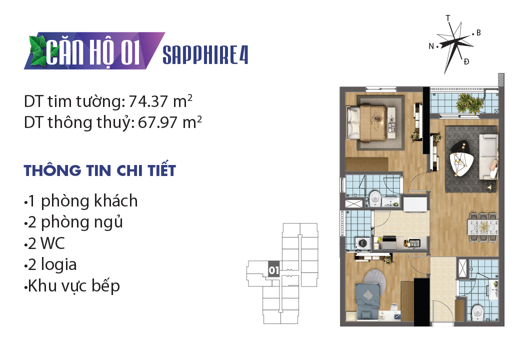 Mặt bằng căn hộ 01 tòa Sapphier 4