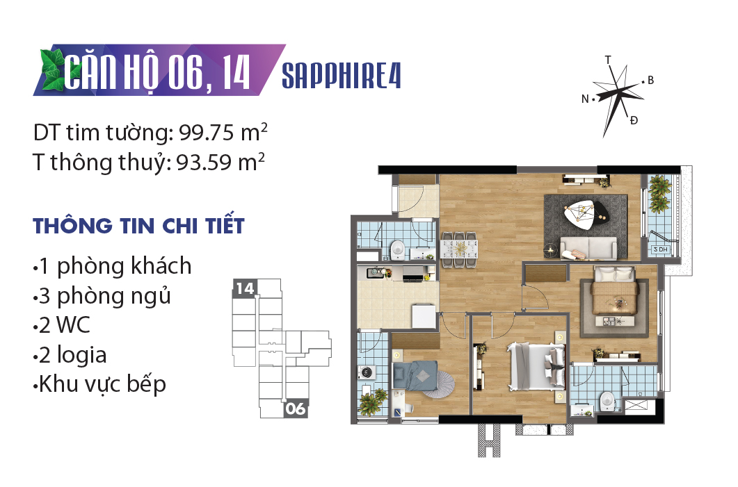 Mặt bằng căn hộ 06 & 14 tòa Sapphier 4