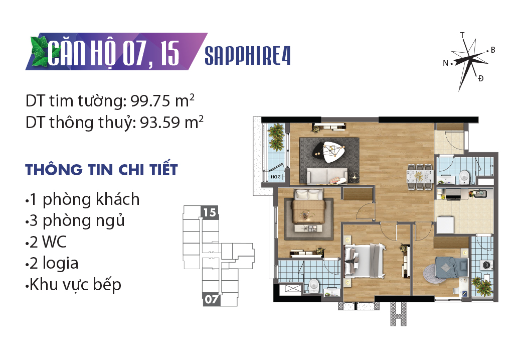 Mặt bằng căn hộ 07 & 15 tòa Sapphier 4