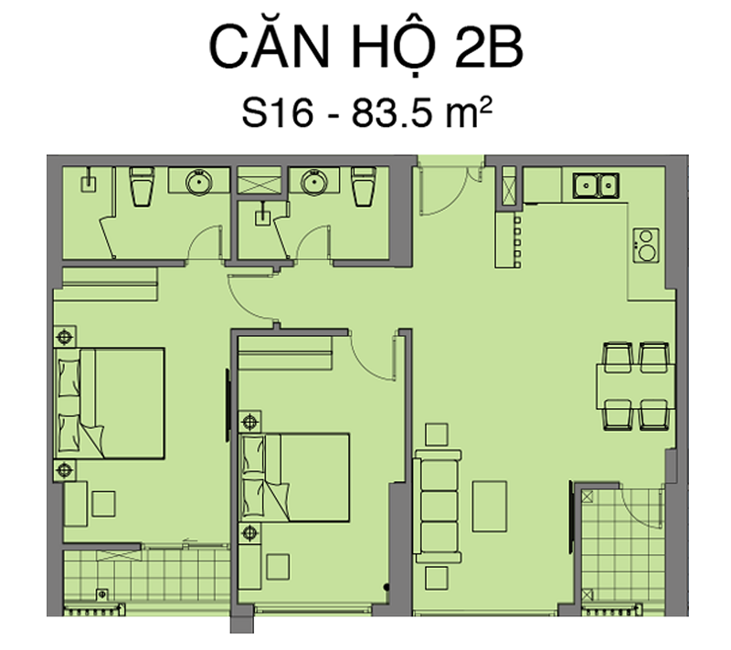 Mặt bằng căn hộ 2 phòng ngủ + 2 phòng vệ sinh dự án Mipec Rubik 360