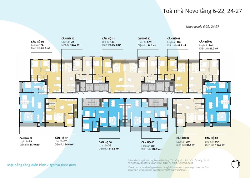 Mặt bằng căn hộ tầng 6-22 và tầng 24-27 tòa NOVO tại Kosmo Tây Hồ
