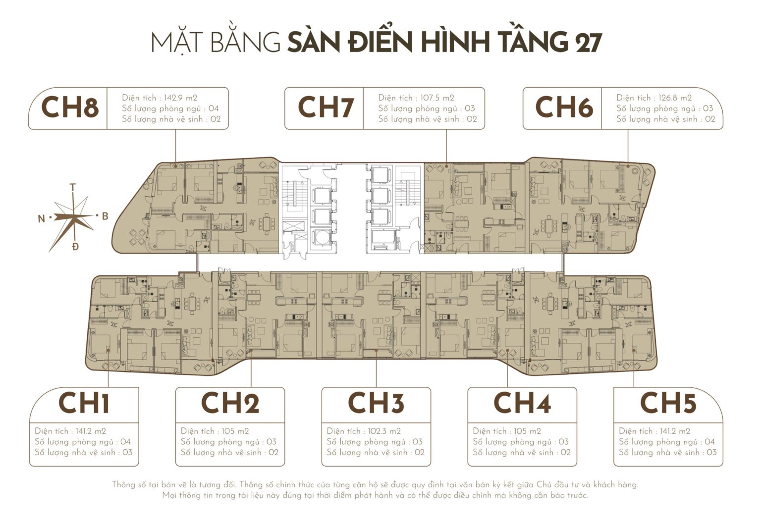 Mặt bằng điển hình sàn căn hộ tầng 27 tại Han Jardin