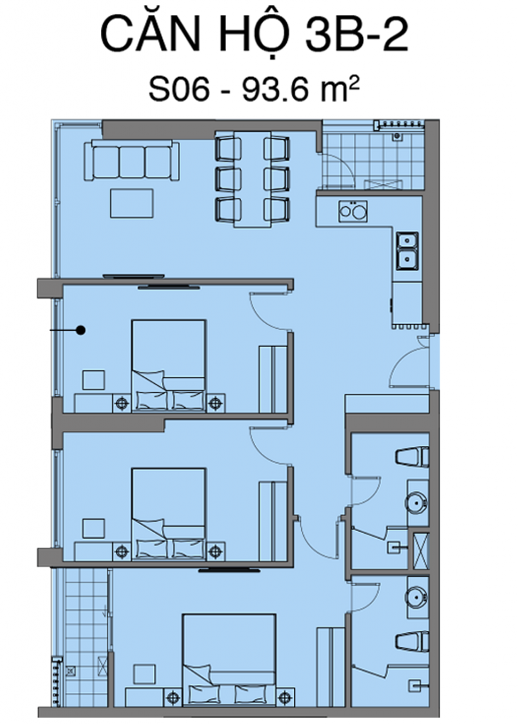 Mặt bằng căn hộ 3 phòng ngủ + 2 phòng vệ sinh dự án Mipec Rubik 360