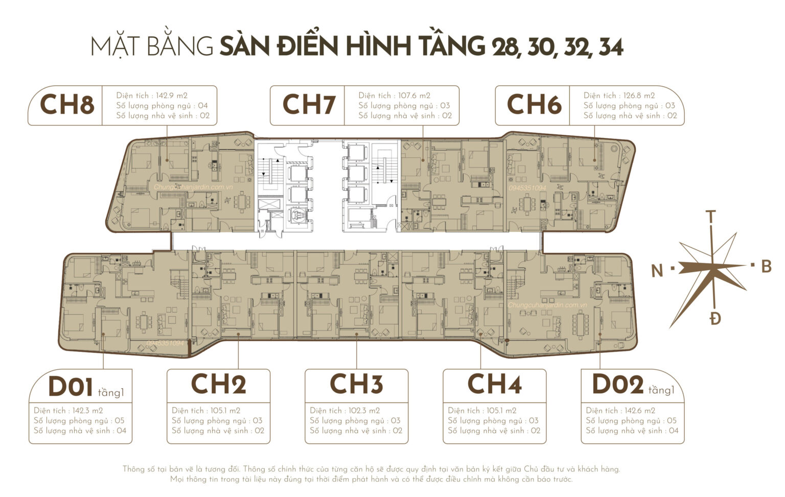 Mặt bằng điển hình sàn căn hộ Duplex tầng 28, 30, 32, 34 tại Han Jardin