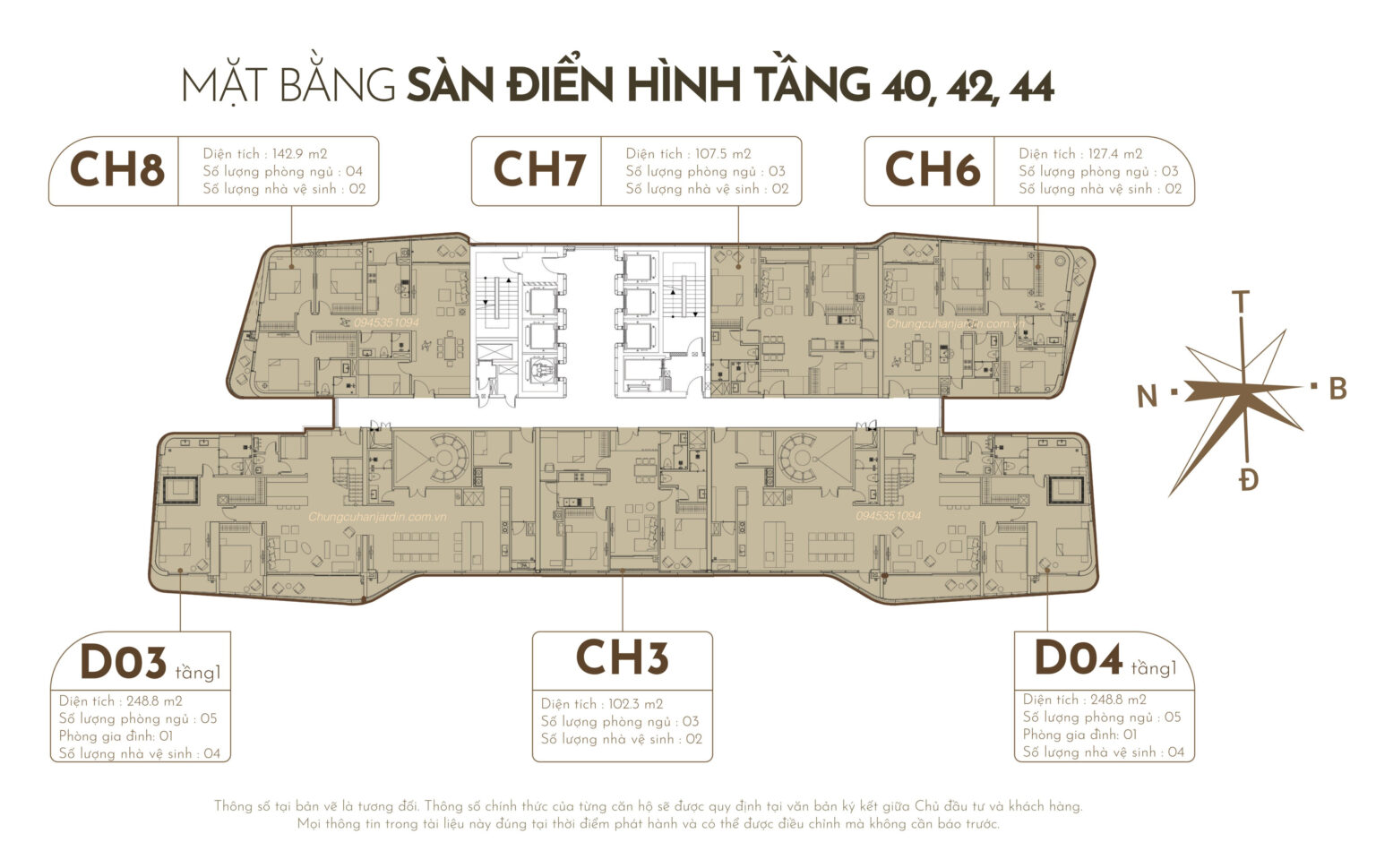 Mặt bằng điển hình sàn căn hộ Duplex tầng 40, 42, 44 tại Han Jardin