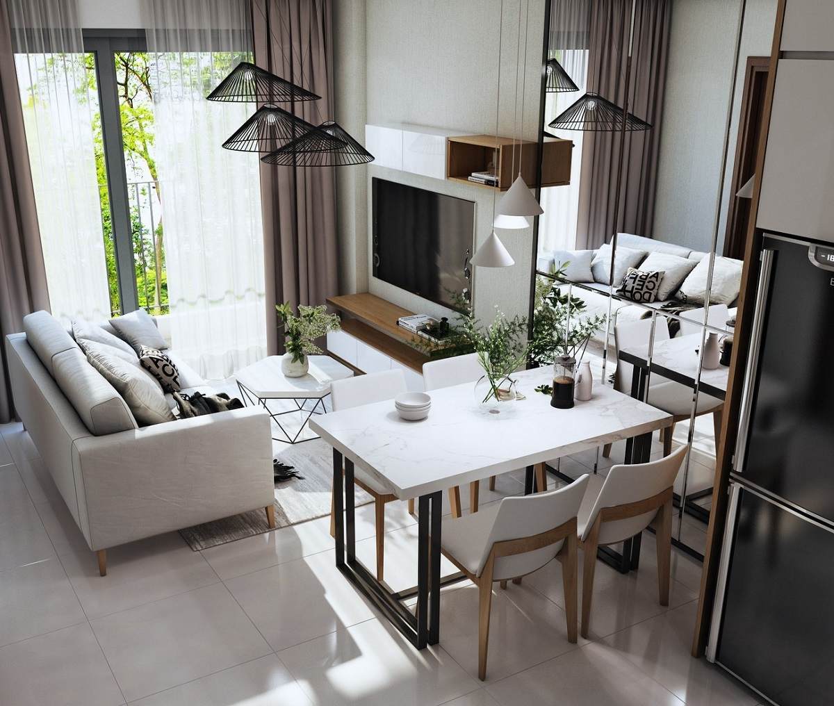 Phòng khách hướng ra ngoài logia với view đẹp