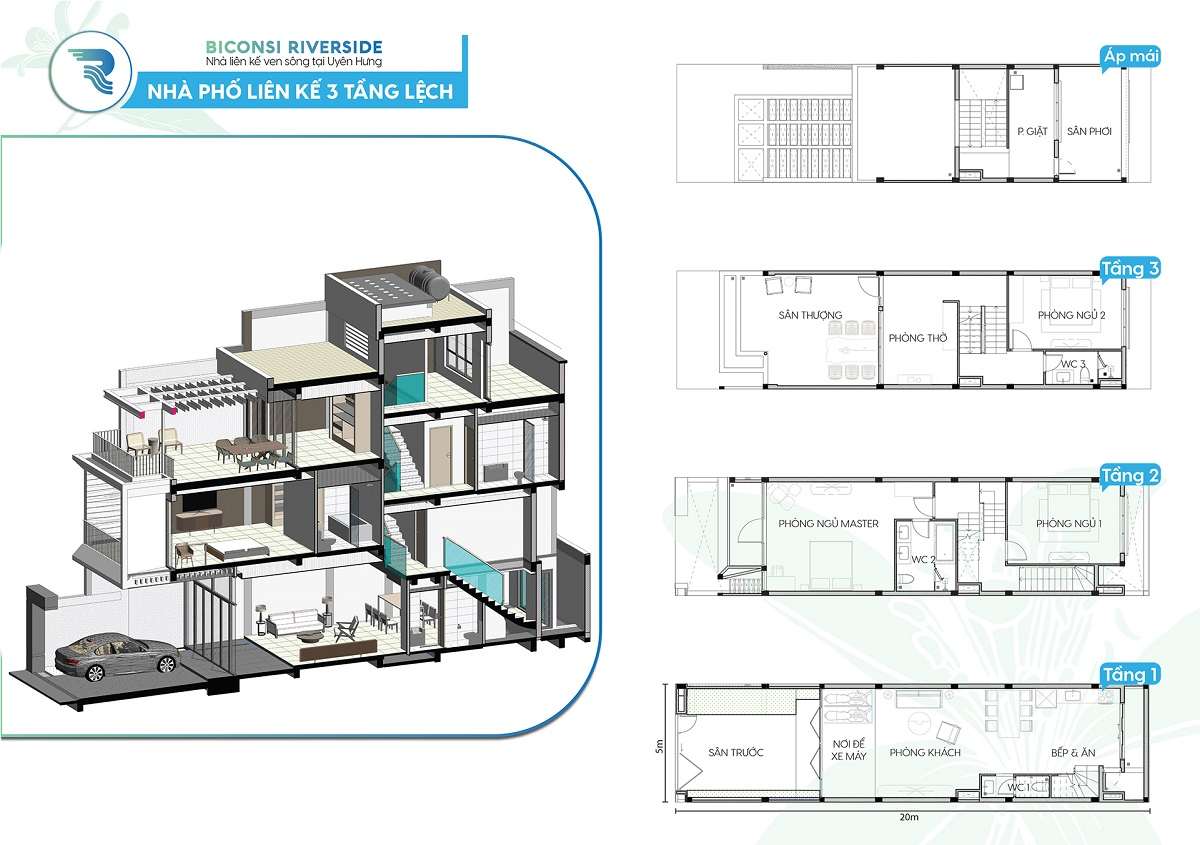Thiết kế nhà phố liền kề 3 tầng lệch