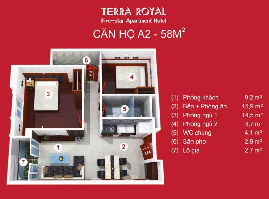 Thiết kế căn hộ 2 phòng ngủ Terra Royal