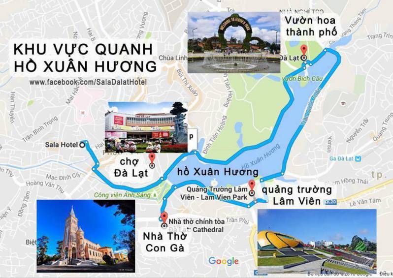 Bản đồ Đà Lạt với các địa điểm du lịch quanh khu vực Hồ Xuân Hương