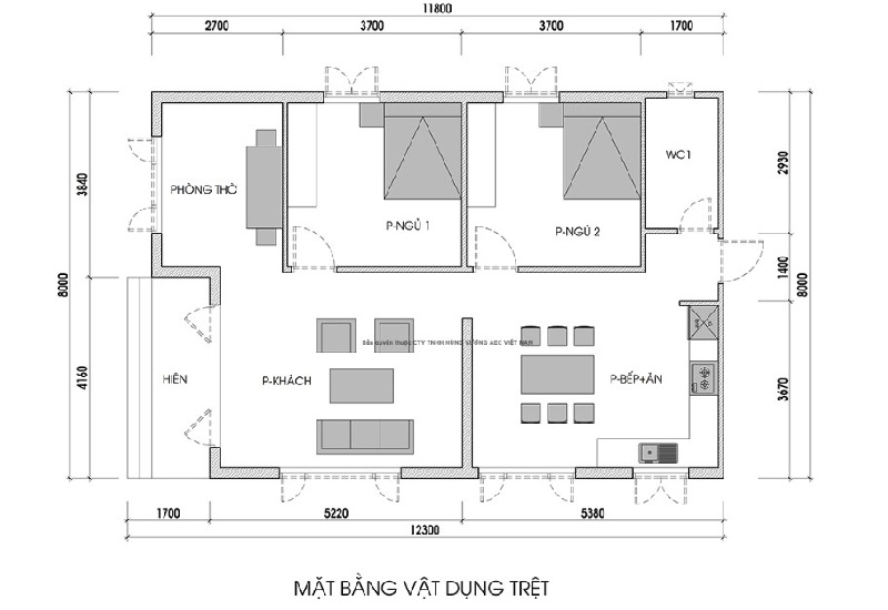 Bảng vẽ bố trí các phòng trong mẫu nhà cấp 4 mái thái 8x12m