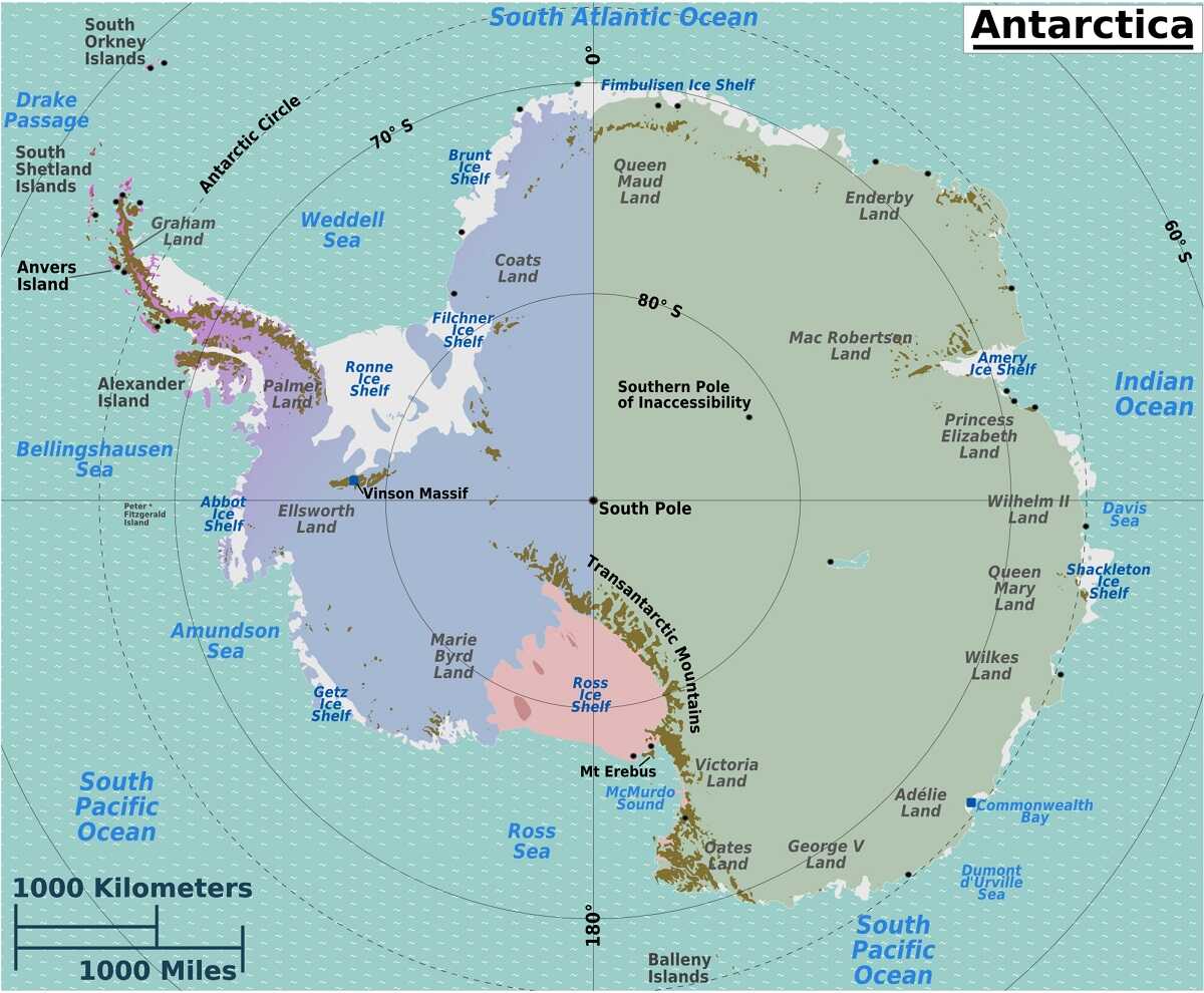 Bản đồ châu Nam Cực bao phủ bởi tuyết trắng