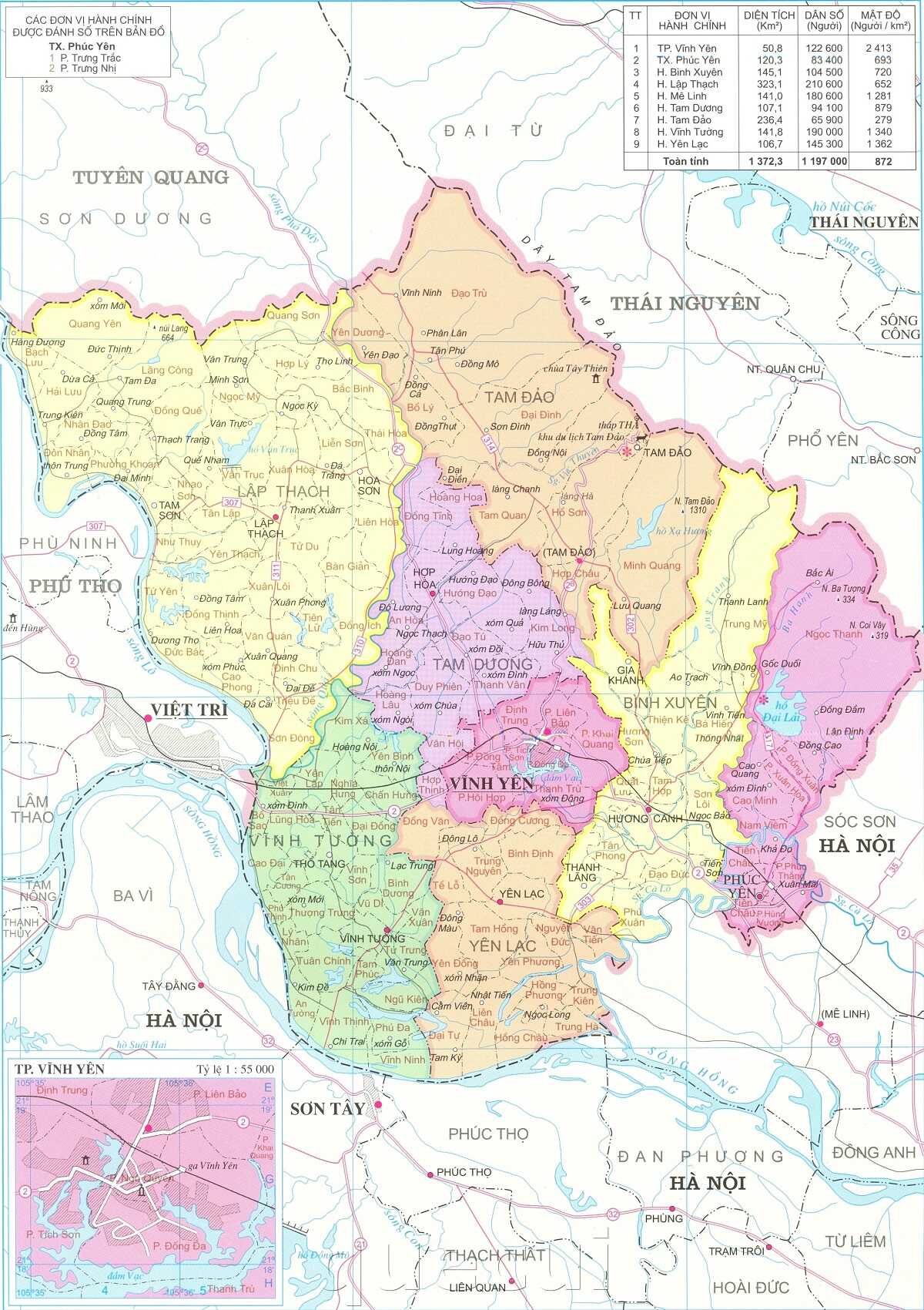 Bản đồ các đơn vị hành chính tỉnh Vĩnh Phúc