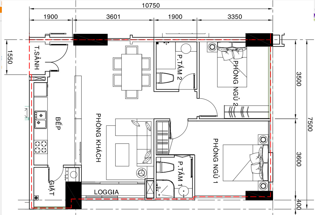 Thiết kế căn hộ 2 phòng ngủ dự án 4s Riverside Linh Đông