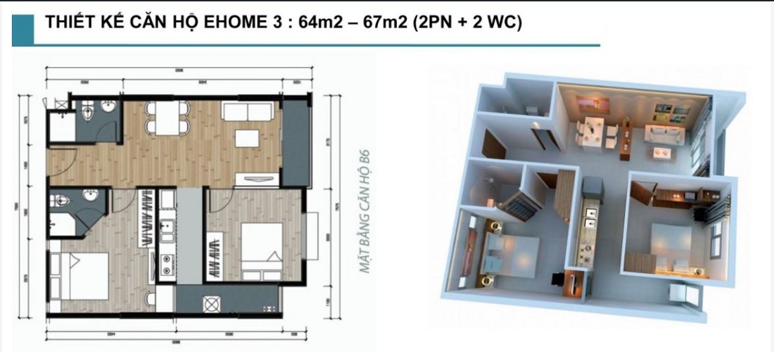 Thiết kế căn hộ 2PN dự án Ehome 3