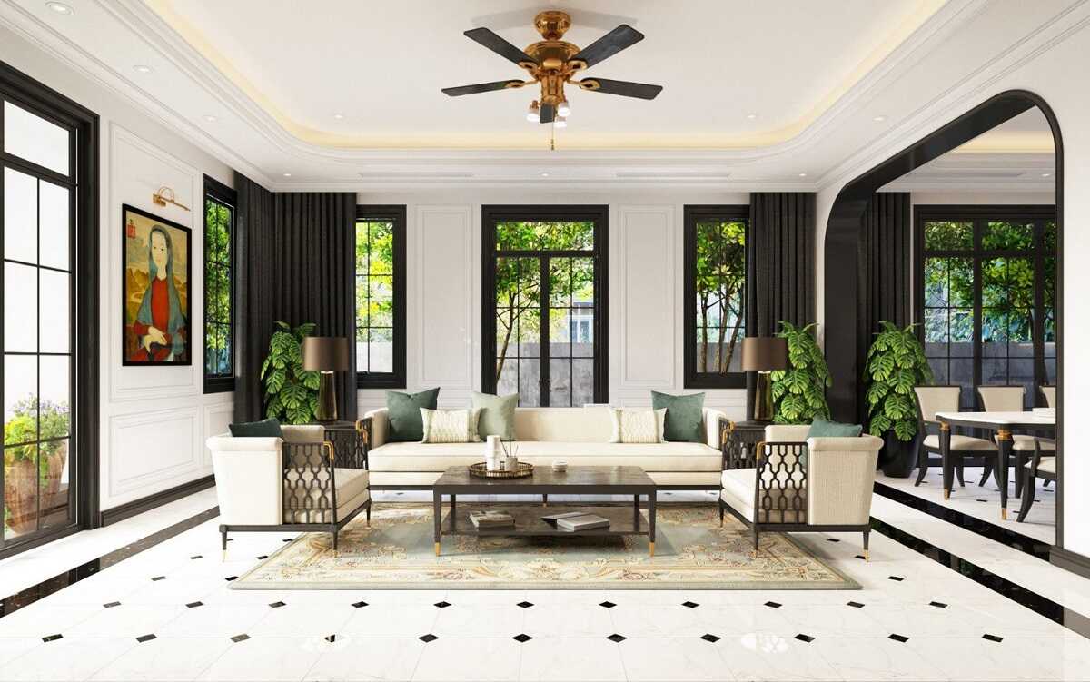 Phòng khách với tông màu trắng hiện đại