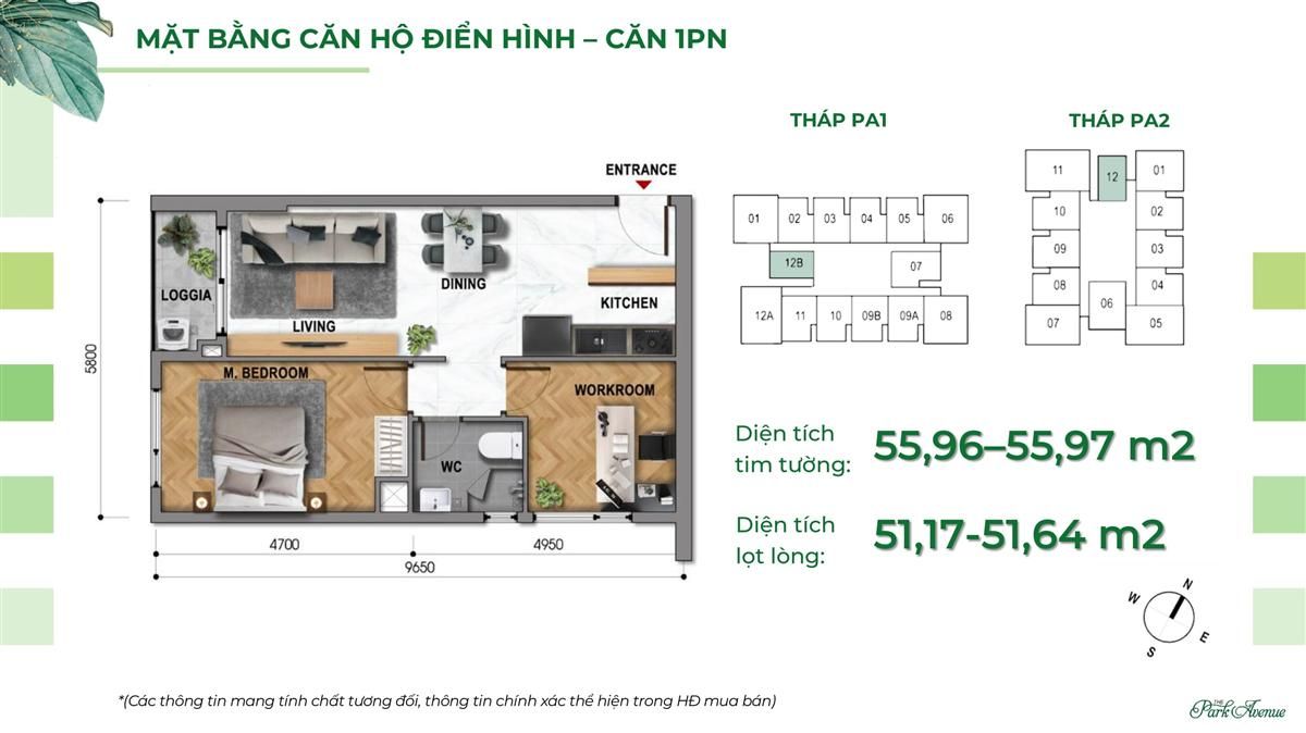Mặt bằng căn hộ 1PN tại The Park Avenue