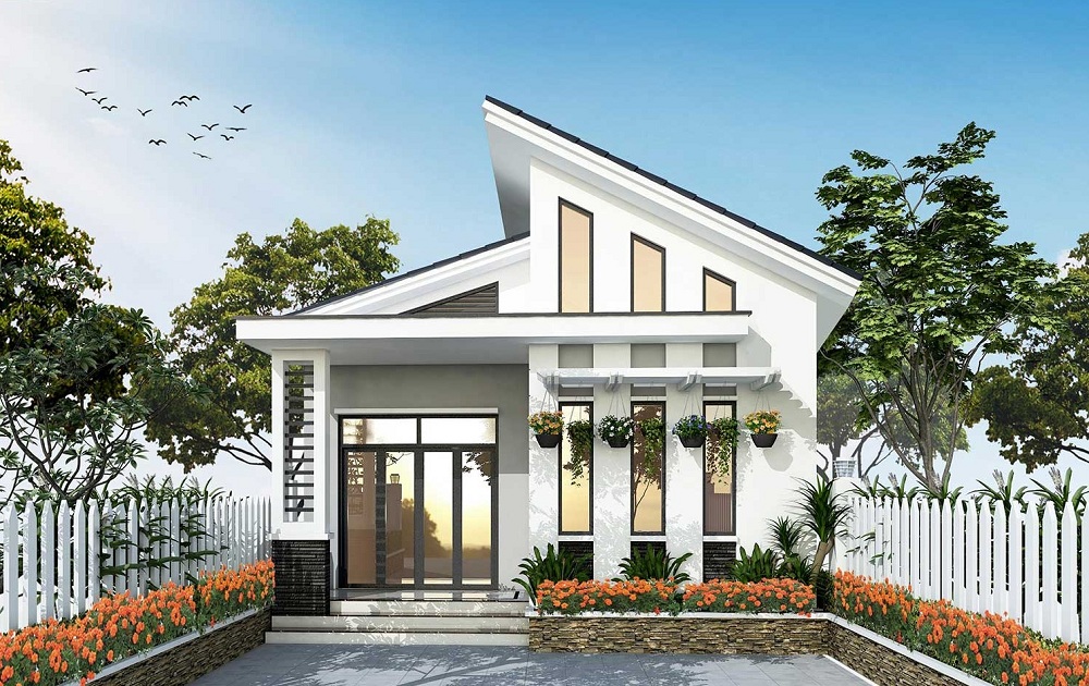 Mẫu nhà cấp 3 mái lệch, tông trắng sang trọng