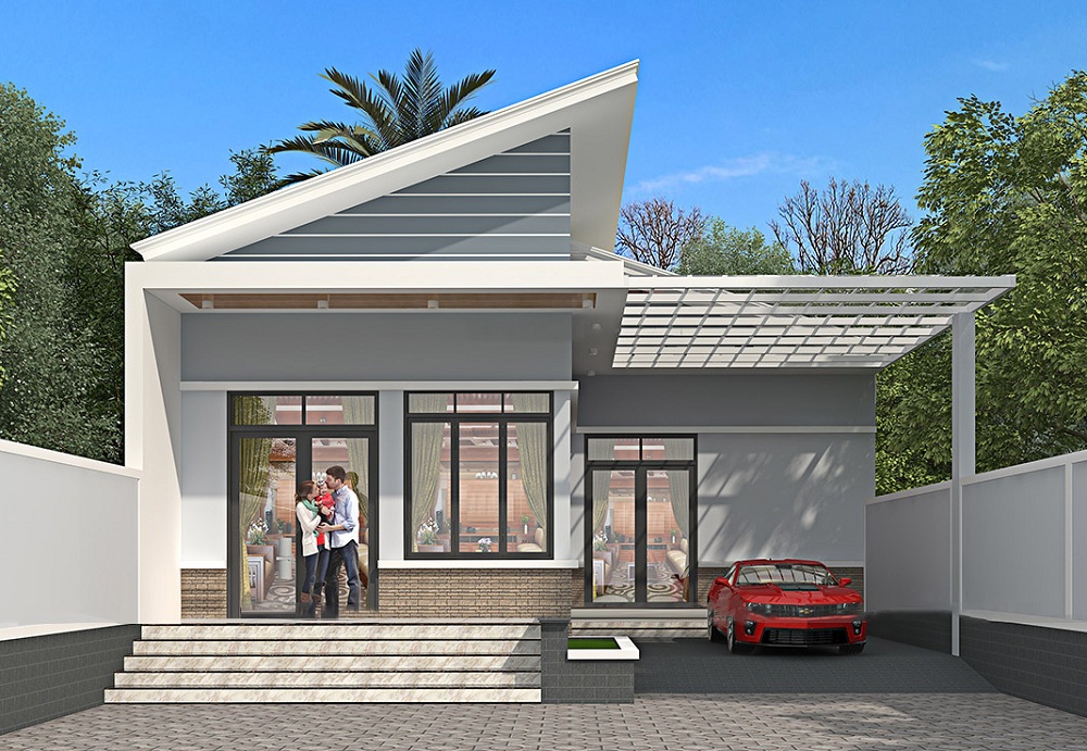 Mái nhà cấp 3 mái lệch có gara