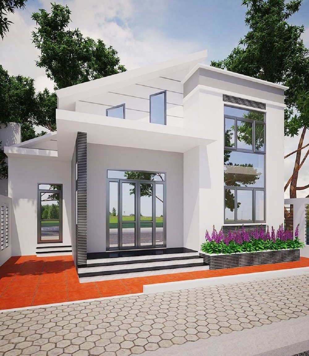 Mẫu nhà 400 triệu mái lệch ấn tượng với sơn trắng tinh khôi, nhã nhặn